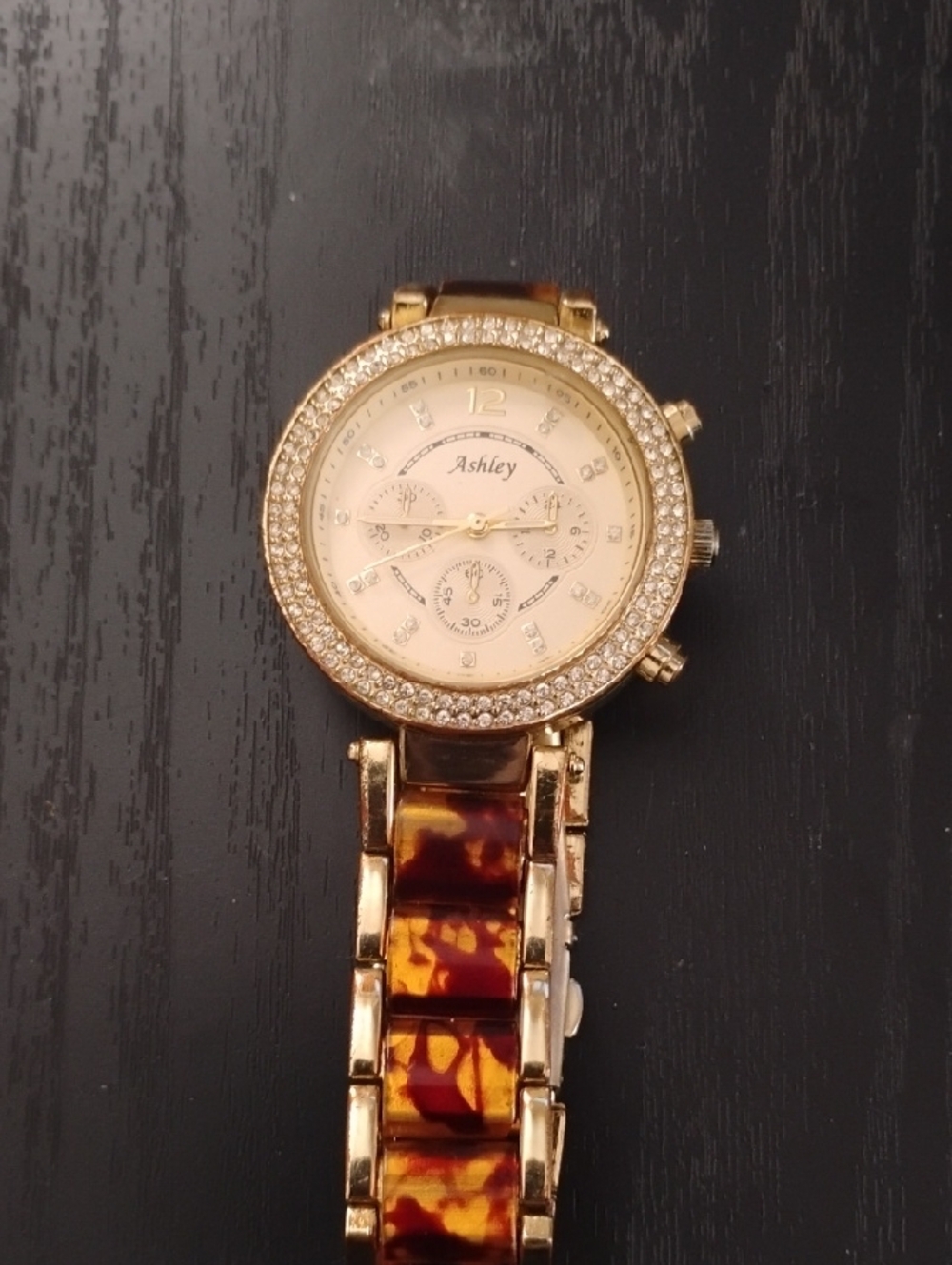 Ashley By 26 International Gold and Tortoiseshell Link Crystal Watch